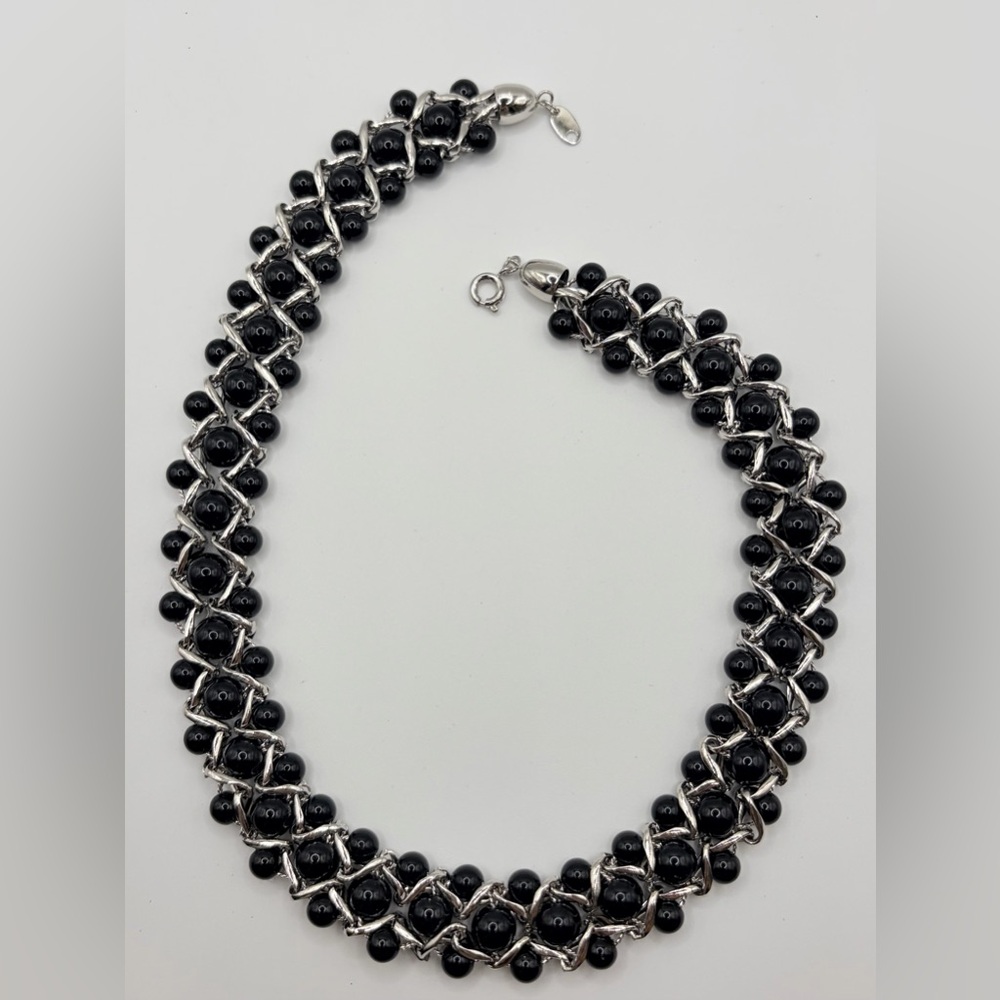 Vintage Trifari Black Lucite and Silver Statement Collar Necklace